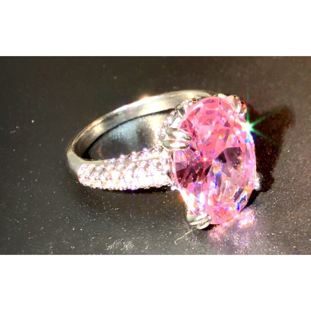 Stunning Sterling Silver Ring With Large Pink Oval Cubic Zirconia & Pave Band - Picture 6 of 8